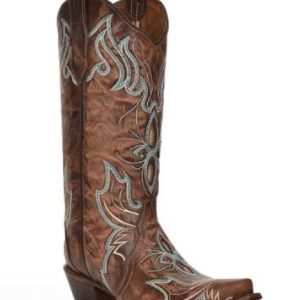 Brown Inlay w/Turquoise Embroidery Women's Snip Toe Western Boots