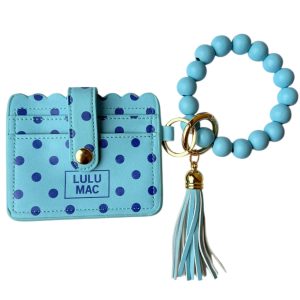 Beaded Wristlet ID Wallet - Blue/ Navy Dot