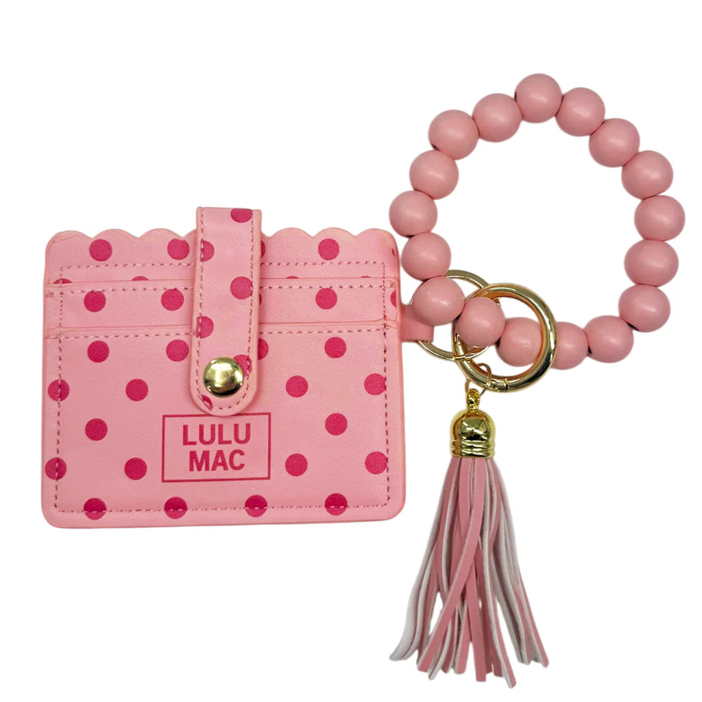 Beaded Wristlet ID Wallet - Pink/ Hot Pink Dot