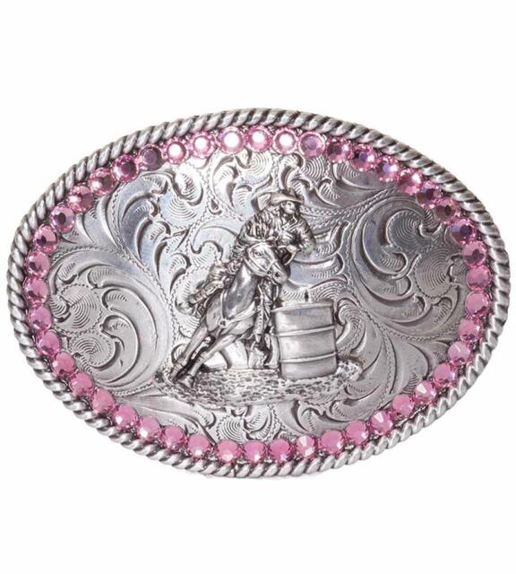 Youth Girl Oval Pink Crystals Barrel Buckle