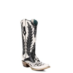 Wing Tip White/Black Embroidery Boots w/ Studs