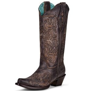 Ladies Distressed Black Boot with Laser Work